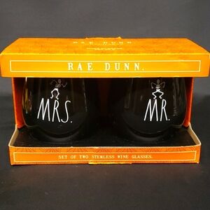 Rae Dunn NWT Mrs. & Mr. Skeleton Set/2 Stemless Wine Glasses
